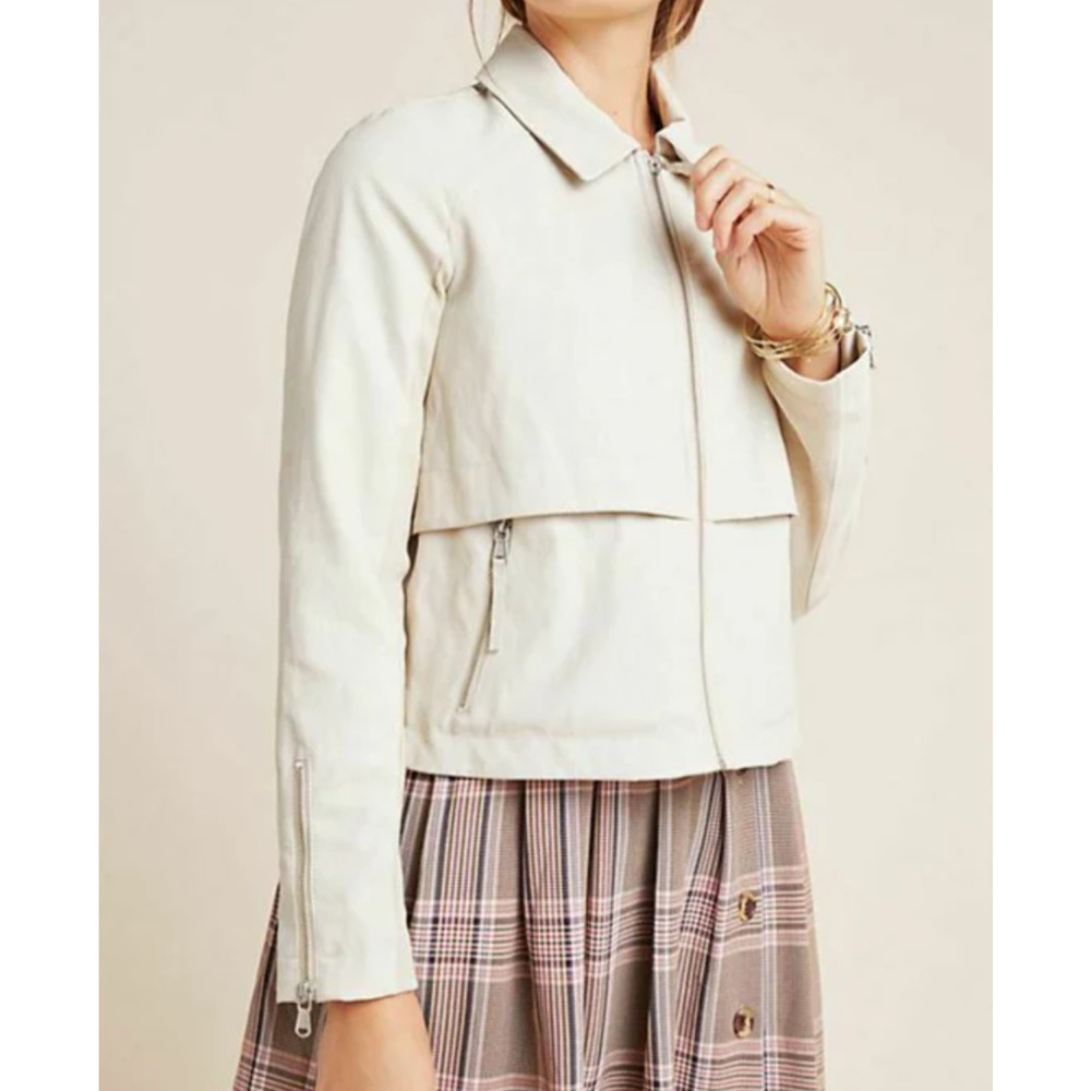 Anthropologie Cropped Moto Jacket Cream Vegan Faux Leather Zip Womens XL